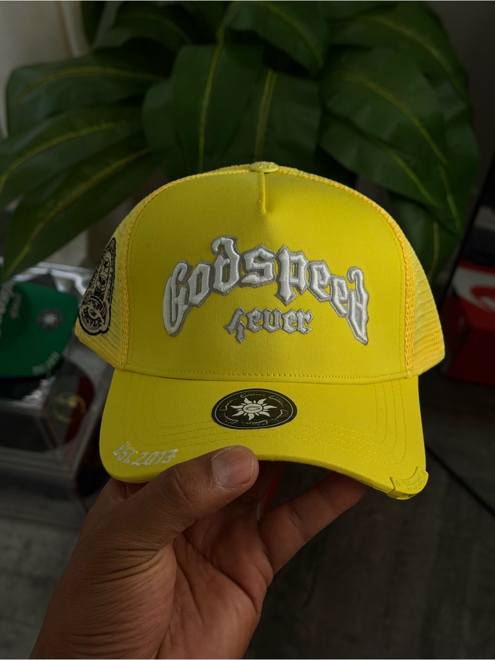Yellow "Godspect Fever" Embroidered Mesh Trucker Hat